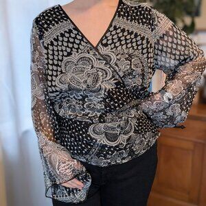 Lane Bryant - 100% silk blouse, faux-wrap, silk lined - black paisley - 18/20